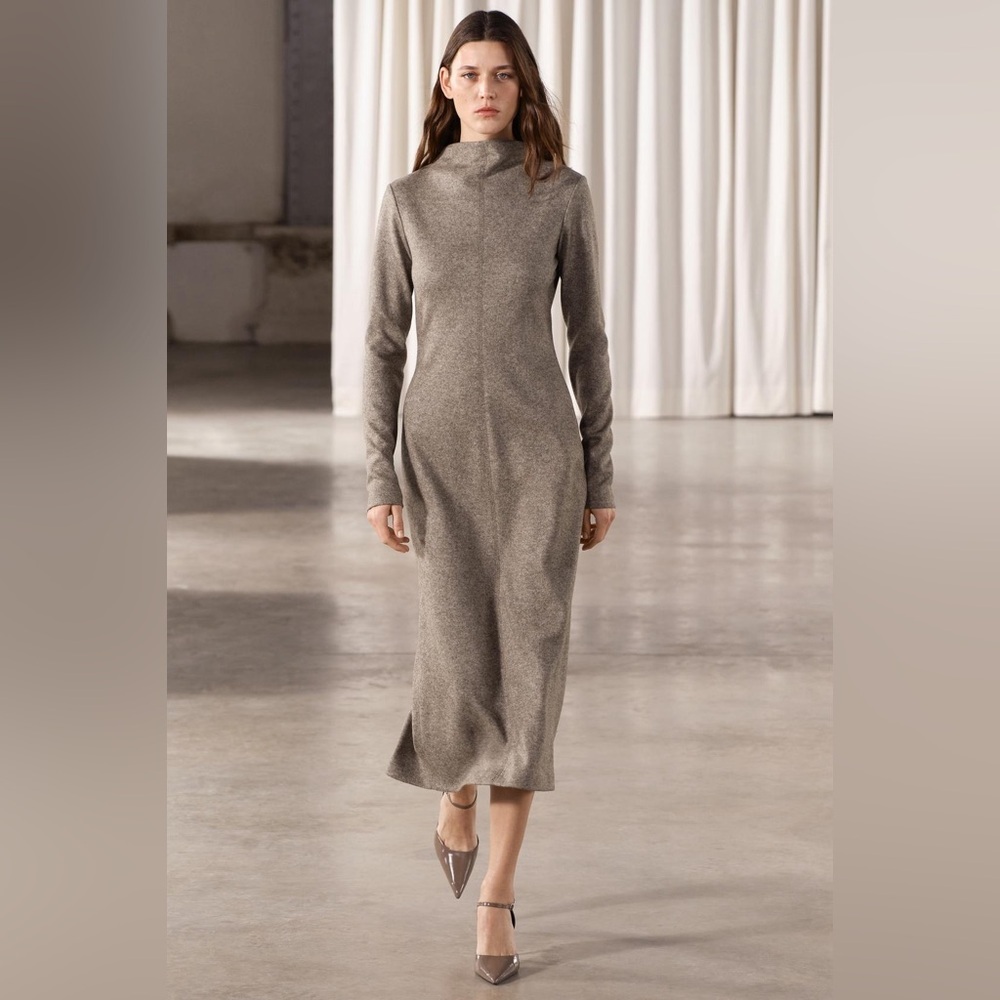 Zara Elegant Gray Long Sleeve midi sweater Dress size S wool blend